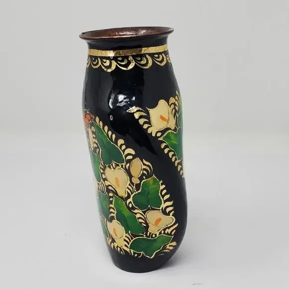 Vintage Black Floral twisted Cloisonné 7" vase Lilly and butterfly hand painted - Picture 6 of 10
